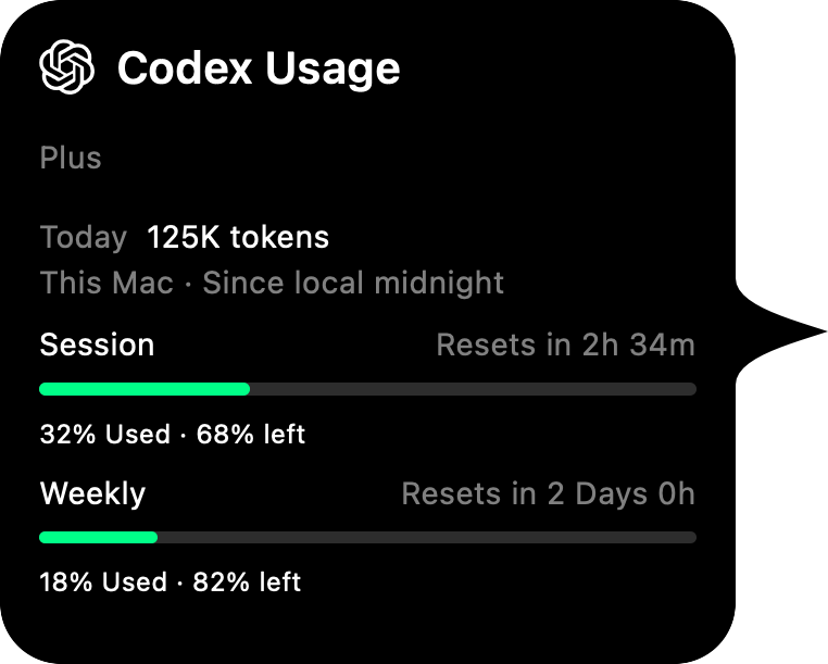 실제 CodeRim의 Codex 사용량 상세 카드, 예시 데이터